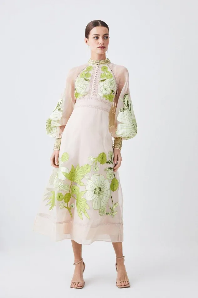 Dresses Women Karen Millen Petite Organdie Applique Buttoned Woven Midi Dress Green Dresses Women Karen Millen Petite Organdie Applique Buttoned Woven Midi Dress Green