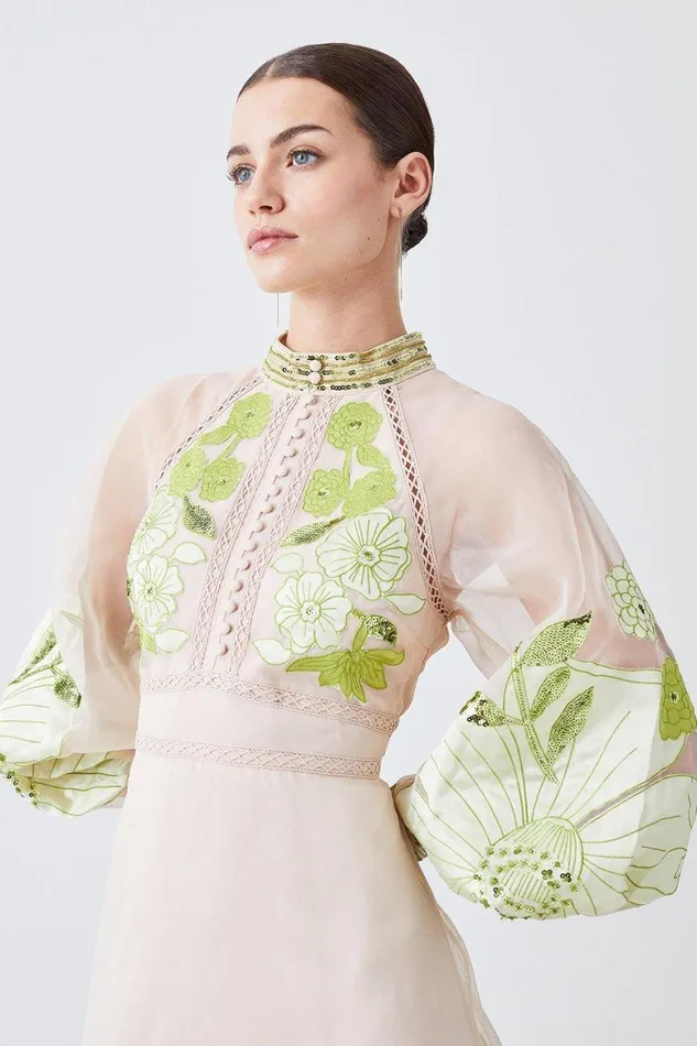Dresses Women Karen Millen Petite Organdie Applique Buttoned Woven Midi Dress Green