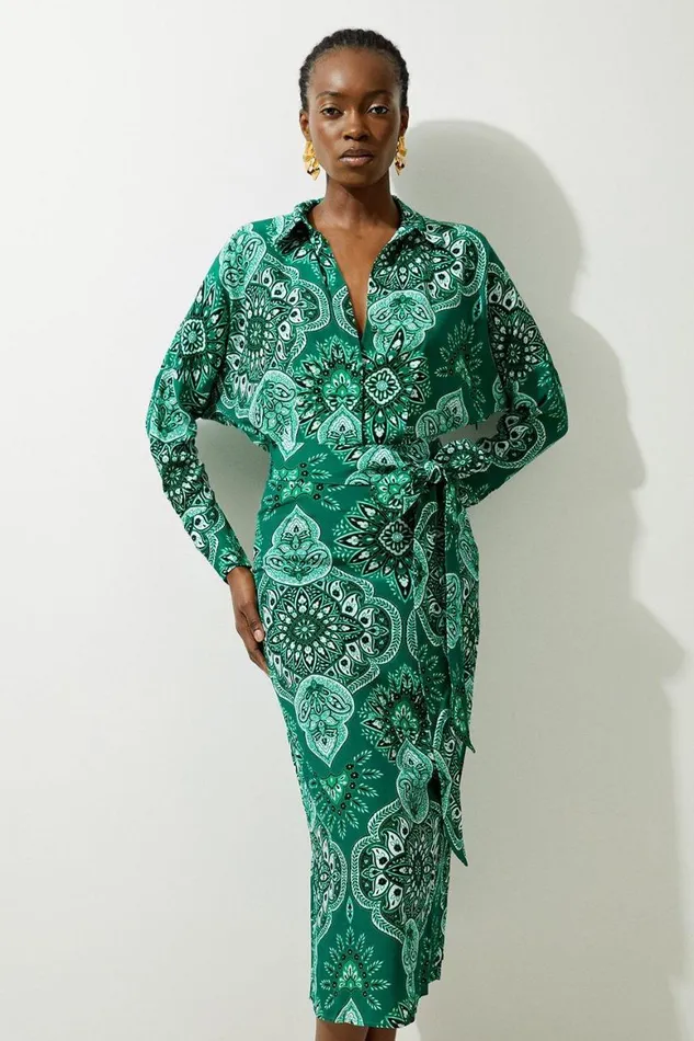 Dresses Women Karen Millen Petite Paisley Printed Morocain Woven Midi Shirt Dress Green