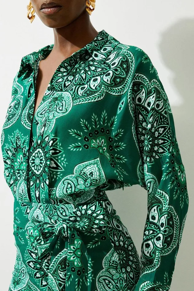 Dresses Women Karen Millen Petite Paisley Printed Morocain Woven Midi Shirt Dress Green