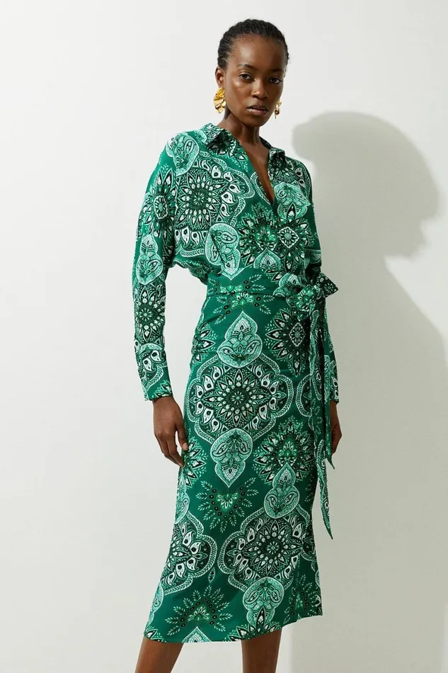 Dresses Women Karen Millen Petite Paisley Printed Morocain Woven Midi Shirt Dress Green