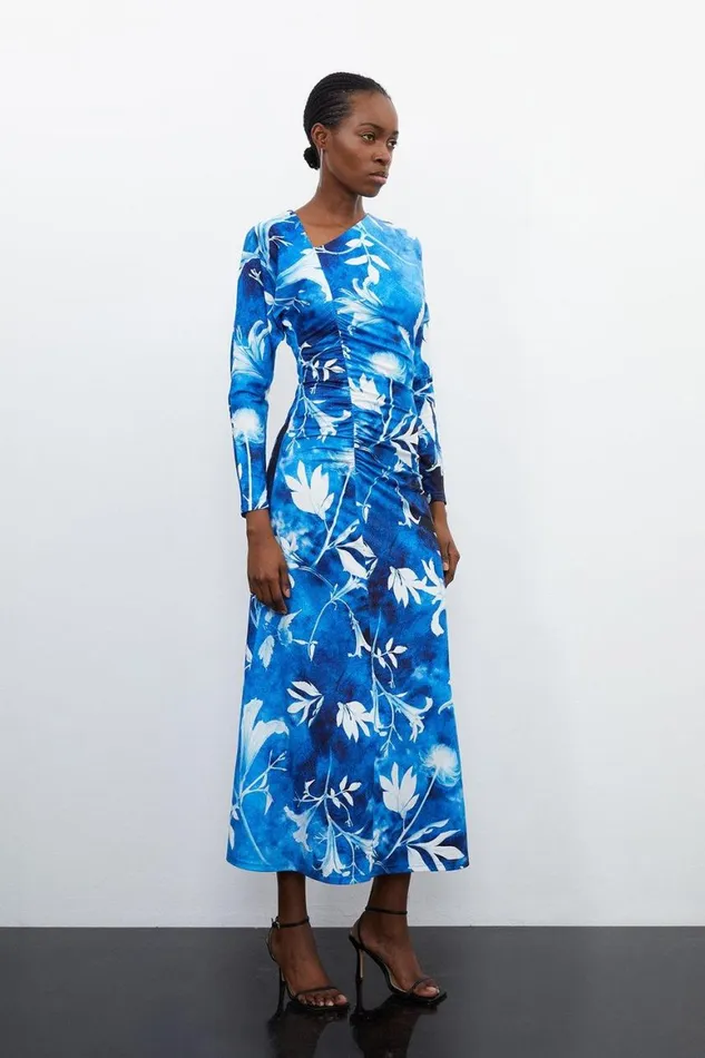 Dresses Women Karen Millen Petite Pressed Floral Asymmetric Jersey Crepe Maxi Dress Blue