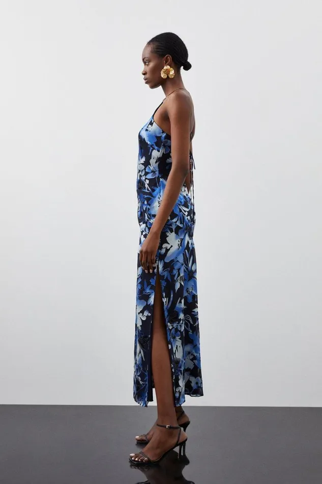 Dresses Women Karen Millen Petite Satin Floral Devore Woven Strappy Maxi Dress Navy
