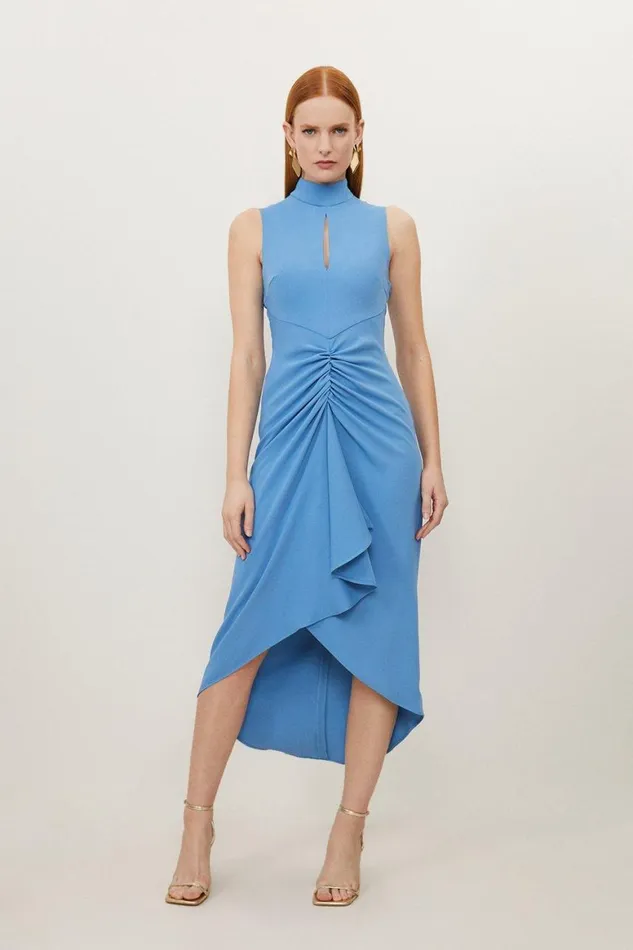 Dresses Women Karen Millen Petite Soft Tailored Ruched Front High Neck Midi Dress Mid Blue