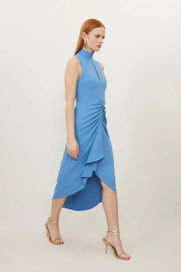 Dresses Women Karen Millen Petite Soft Tailored Ruched Front High Neck Midi Dress Mid Blue