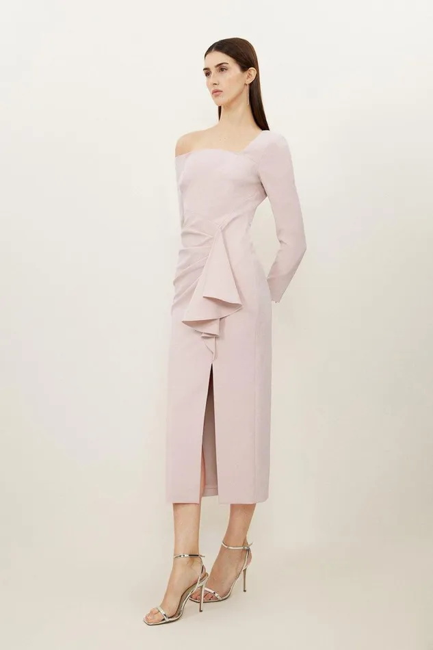 Dresses Women Karen Millen Petite Stretch Crepe Asymmetric Neckline Draped Maxi Dress Pale Pink