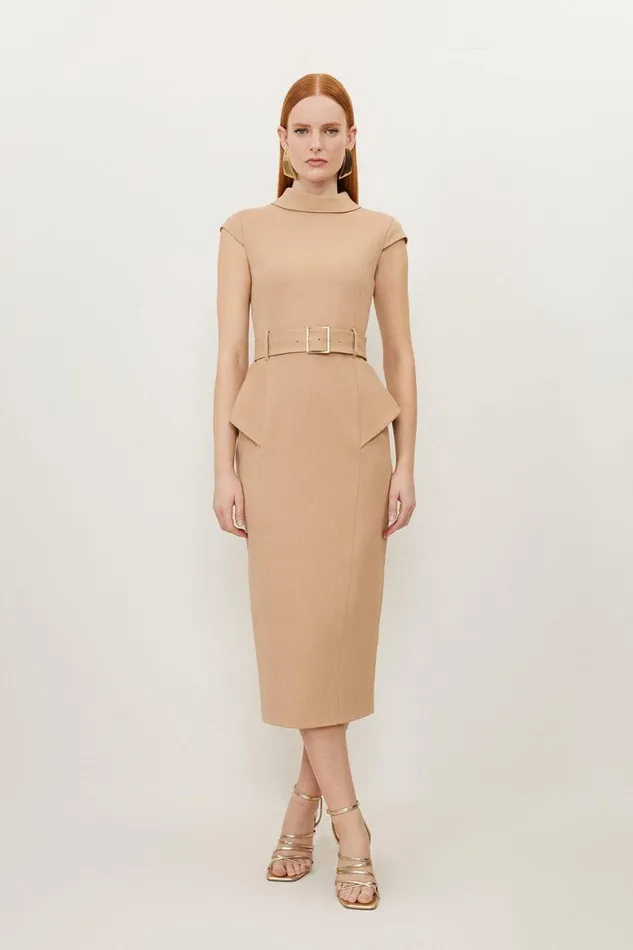 Dresses Women Karen Millen Petite Structured Crepe Roll Neck Peplum Belted Midi Dress Camel Dresses Women Karen Millen Petite Structured Crepe Roll Neck Peplum Belted Midi Dress Camel