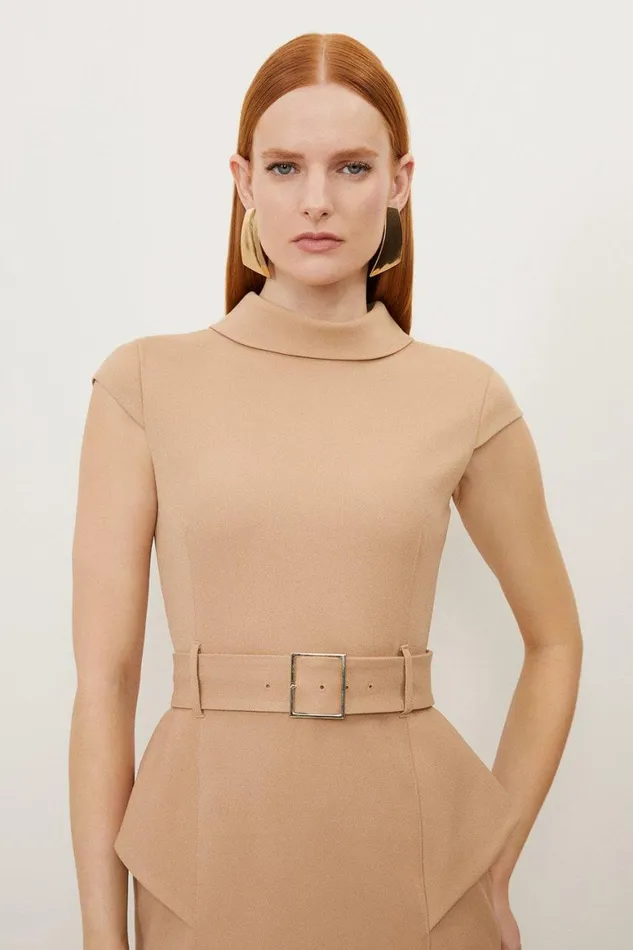 Dresses Women Karen Millen Petite Structured Crepe Roll Neck Peplum Belted Midi Dress Camel