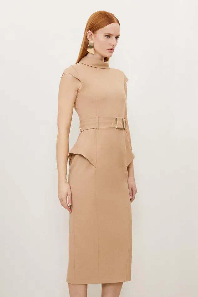 Dresses Women Karen Millen Petite Structured Crepe Roll Neck Peplum Belted Midi Dress Camel