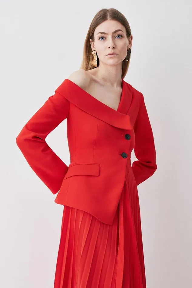 Dresses Women Karen Millen Petite Tailored Crepe Asymmetric Pleated Midi Dress Red