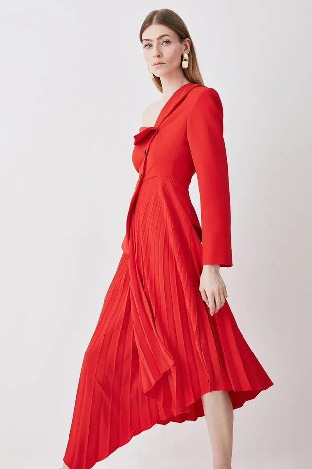 Dresses Women Karen Millen Petite Tailored Crepe Asymmetric Pleated Midi Dress Red