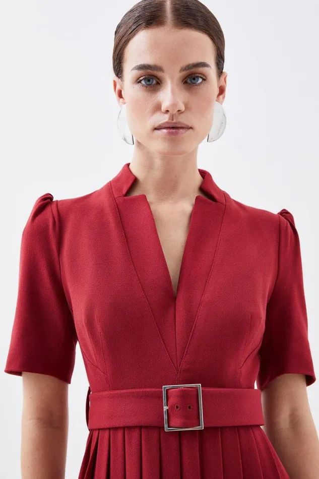 Dresses Women Karen Millen Petite Tailored Structured Crepe Forever Pleat Midi Dress Dark Red