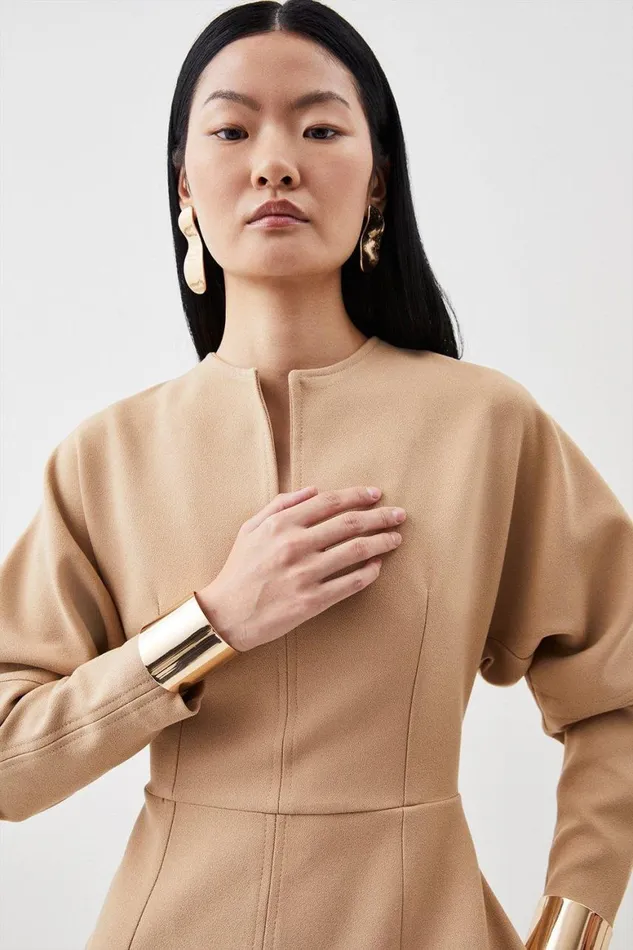 Dresses Women Karen Millen Petite Tailored Structured Crepe Keyhole Rounded A Line Midaxi Dress Camel