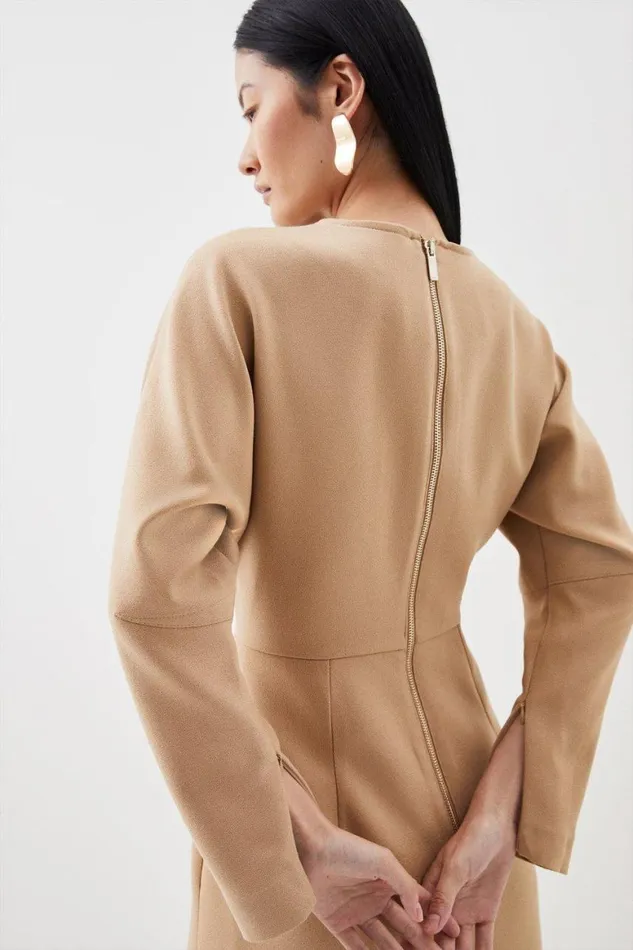 Dresses Women Karen Millen Petite Tailored Structured Crepe Keyhole Rounded A Line Midaxi Dress Camel