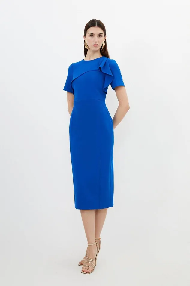 Dresses Women Karen Millen Petite Tailored Structured Crepe Ruffle Pencil Midi Dress Cobalt