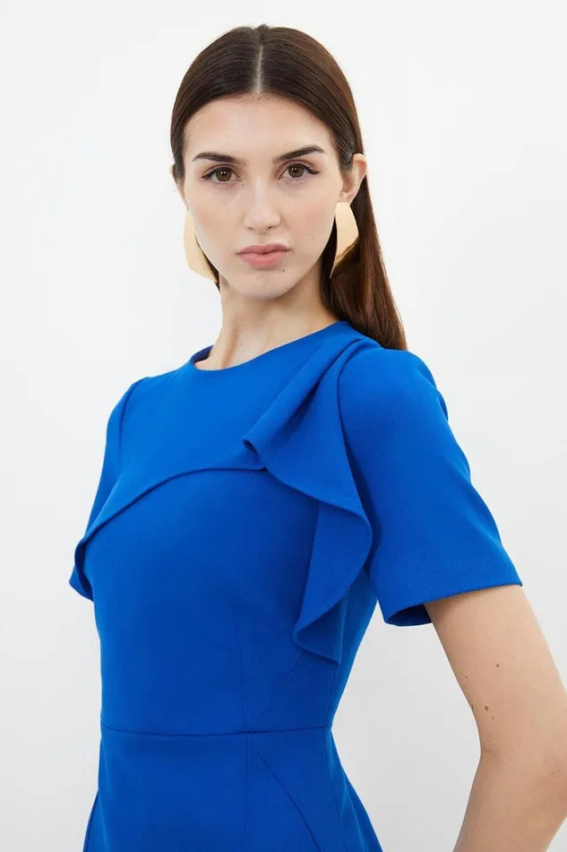 Dresses Women Karen Millen Petite Tailored Structured Crepe Ruffle Pencil Midi Dress Cobalt