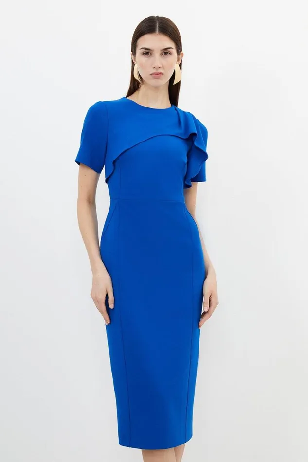 Dresses Women Karen Millen Petite Tailored Structured Crepe Ruffle Pencil Midi Dress Cobalt