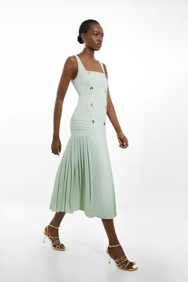 Dresses Women Karen Millen Pleated Button Detail Strappy Woven Midi Dress Sage Dresses Women Karen Millen Pleated Button Detail Strappy Woven Midi Dress Sage