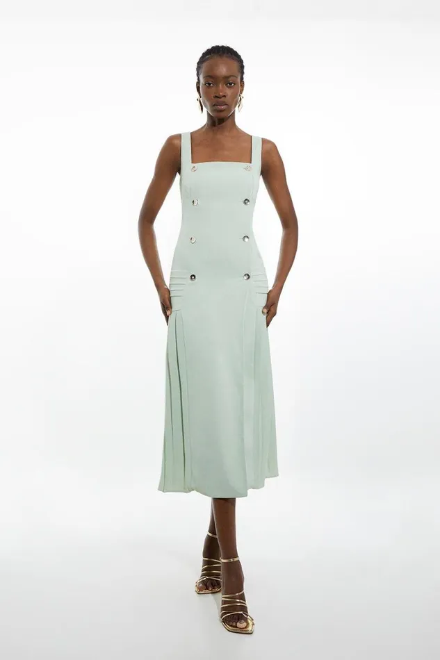 Dresses Women Karen Millen Pleated Button Detail Strappy Woven Midi Dress Sage