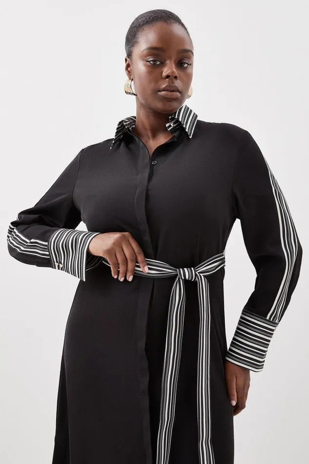 Dresses Women Karen Millen Plus Size Stripe Twill Belted Woven Midi Shirt Dress Black