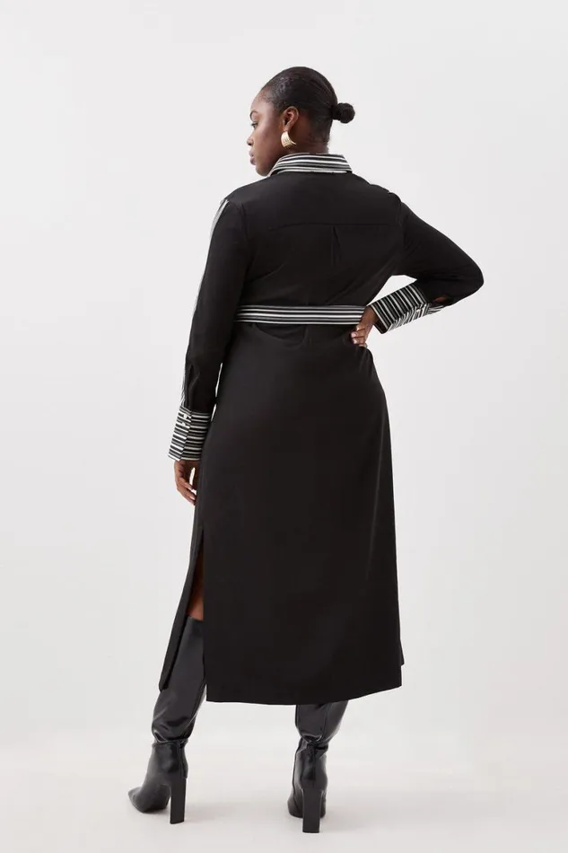 Dresses Women Karen Millen Plus Size Stripe Twill Belted Woven Midi Shirt Dress Black