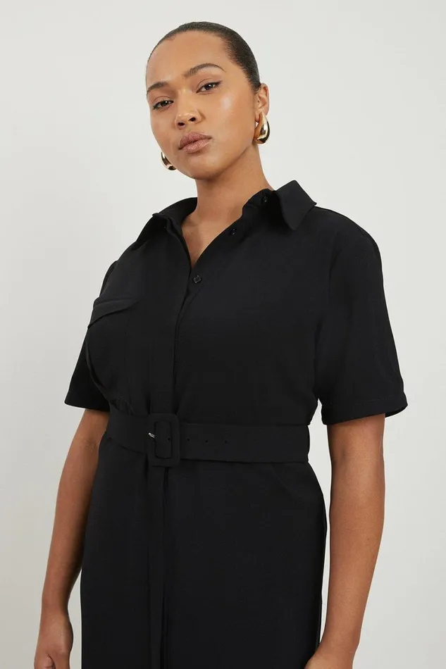 Dresses Women Karen Millen Plus Size Tailored Crepe Pocket Detail Short Sleeved Belted Midi Shirt Dress Black