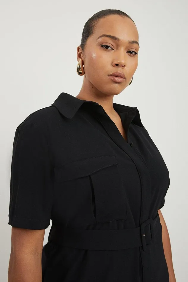 Dresses Women Karen Millen Plus Size Tailored Crepe Pocket Detail Short Sleeved Belted Midi Shirt Dress Black