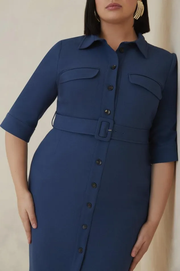 Dresses Women Karen Millen Plus Size The Founder Compact Stretch Belted Midi Dress Denimblue