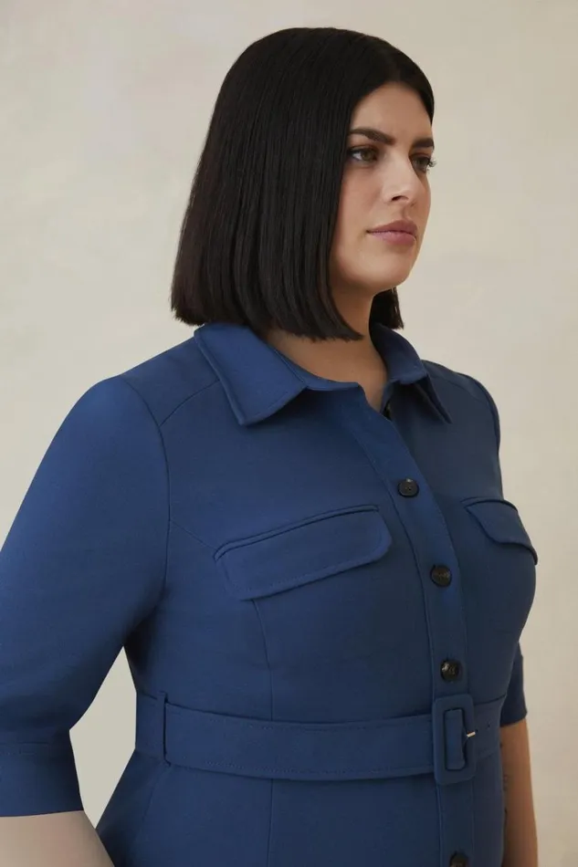 Dresses Women Karen Millen Plus Size The Founder Compact Stretch Belted Midi Dress Denimblue