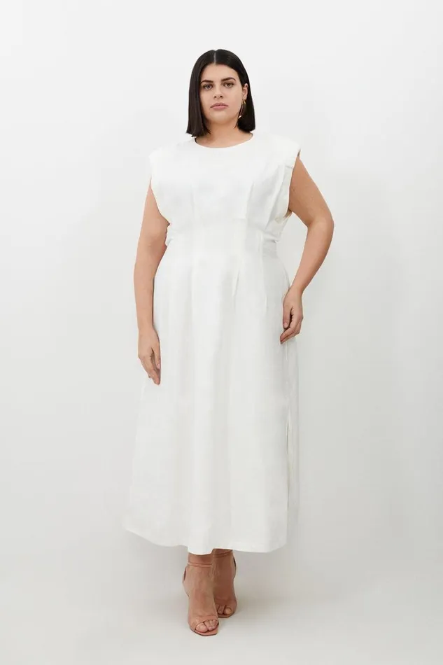 Dresses Women Karen Millen Plus Size Viscose Linen Woven Pintuck Midi Dress White Dresses Women Karen Millen Plus Size Viscose Linen Woven Pintuck Midi Dress White
