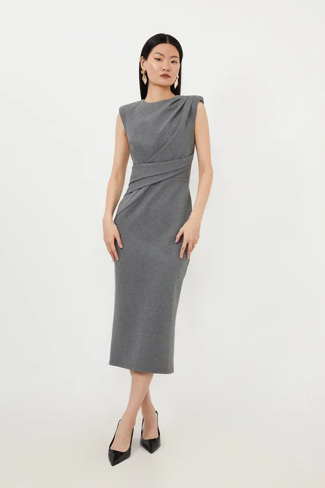 Dresses Women Karen Millen Ponte Strong Shoulder Drape Detail Midi Dress Charcoal Dresses Women Karen Millen Ponte Strong Shoulder Drape Detail Midi Dress Charcoal