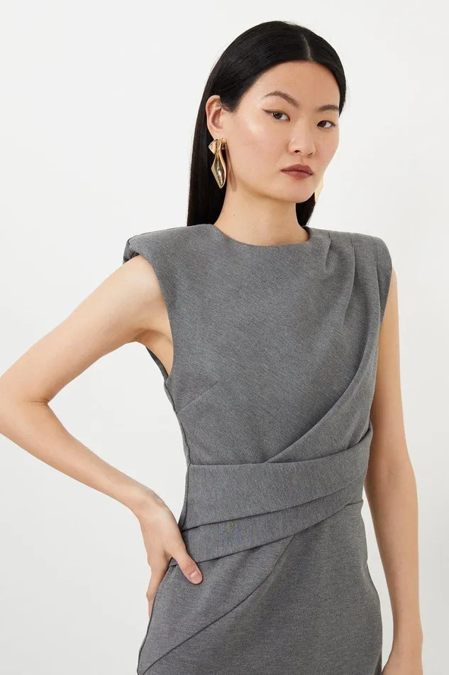 Dresses Women Karen Millen Ponte Strong Shoulder Drape Detail Midi Dress Charcoal