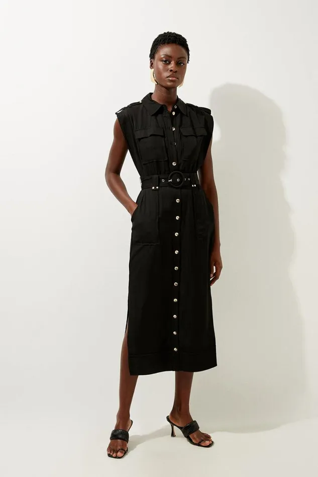 Dresses Women Karen Millen Premium Viscose Linen Woven Shirt Midi Dress Black Dresses Women Karen Millen Premium Viscose Linen Woven Shirt Midi Dress Black
