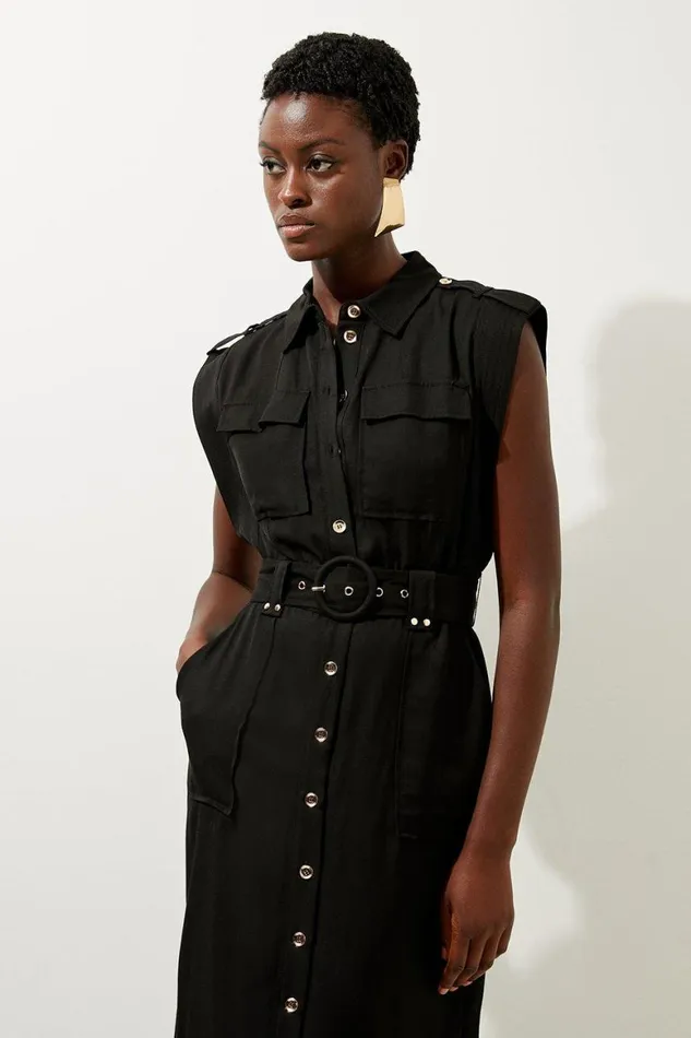 Dresses Women Karen Millen Premium Viscose Linen Woven Shirt Midi Dress Black