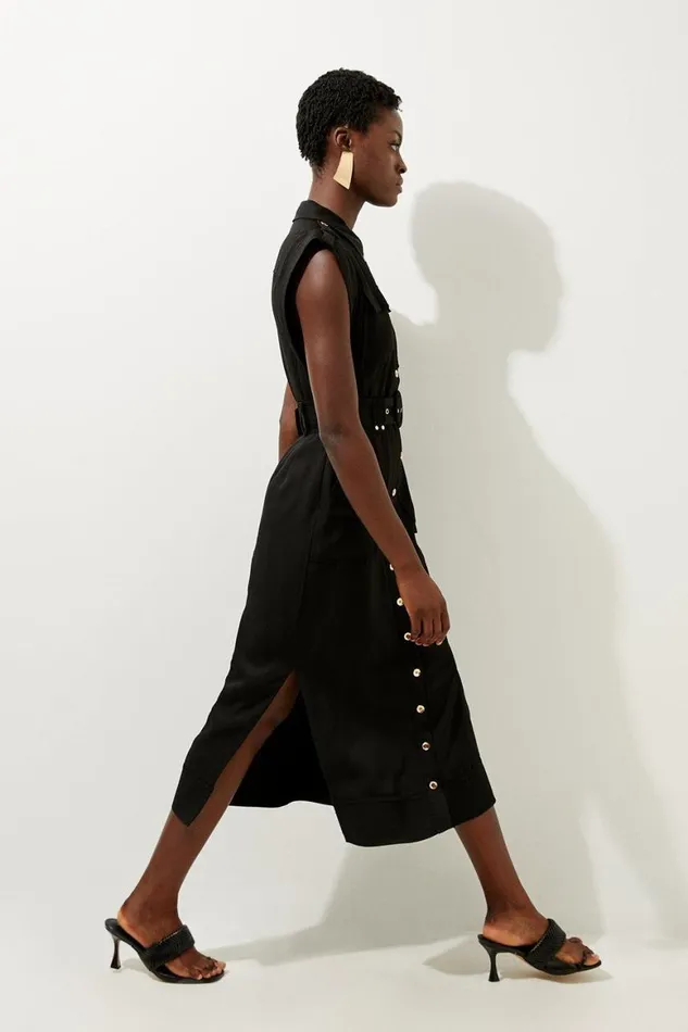 Dresses Women Karen Millen Premium Viscose Linen Woven Shirt Midi Dress Black