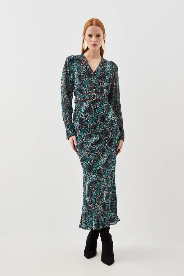 Dresses Women Karen Millen Printed Georgette Woven Maxi Dress With Scarf Detail Snake Dresses Women Karen Millen Printed Georgette Woven Maxi Dress With Scarf Detail Snake