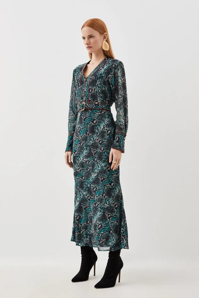 Dresses Women Karen Millen Printed Georgette Woven Maxi Dress With Scarf Detail Snake