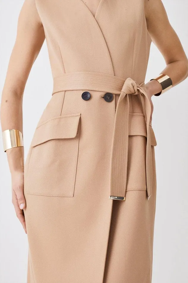 Dresses Women Karen Millen Relaxed Tailored Sleeveless Belted Blazer Midi Dress Camel