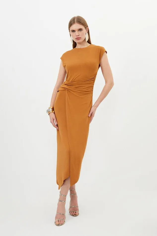 Dresses Women Karen Millen Ruched Waist Jersey Crepe Midi Dress Toffee