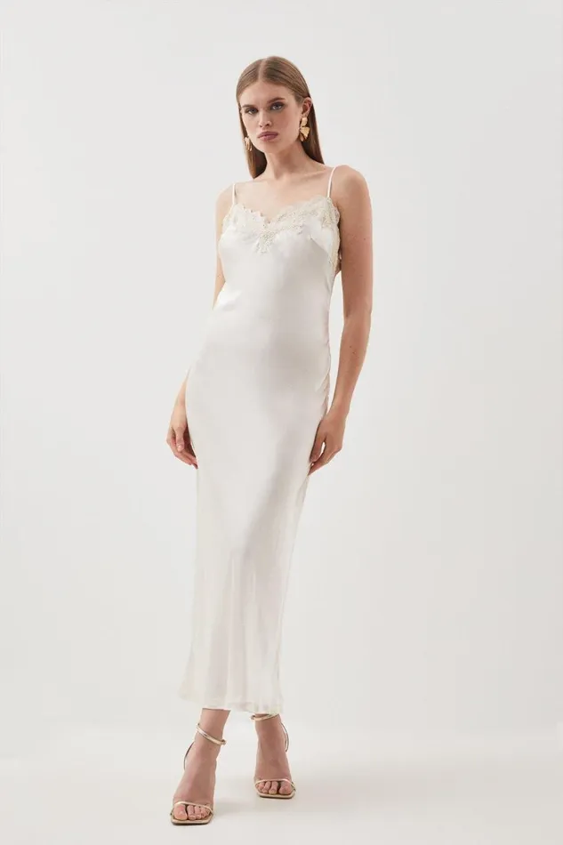 Dresses Women Karen Millen Satin Lace Woven Midaxi Dress Ivory