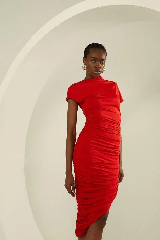 Dresses Women Karen Millen Slinky Jersey Ruched Asymmetric Midi Dress Red