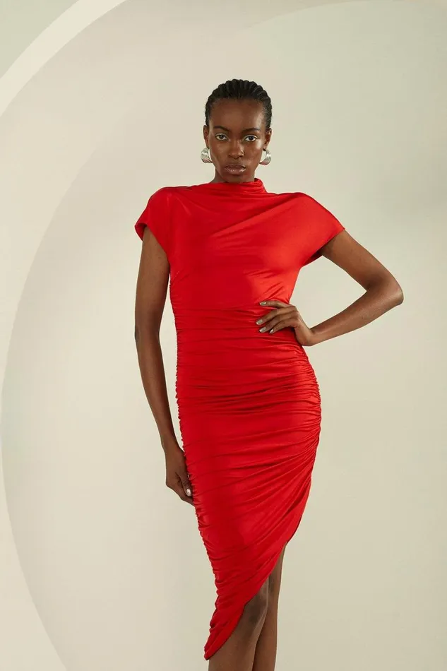 Dresses Women Karen Millen Slinky Jersey Ruched Asymmetric Midi Dress Red