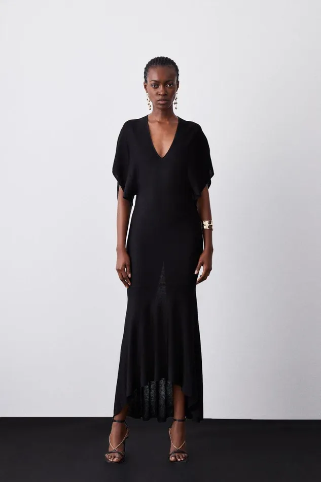 Dresses Women Karen Millen Slinky Knit Kimono Sleeve V Neck High Low Midaxi Dress Black Dresses Women Karen Millen Slinky Knit Kimono Sleeve V Neck High Low Midaxi Dress Black