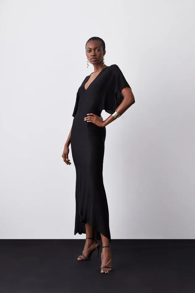 Dresses Women Karen Millen Slinky Knit Kimono Sleeve V Neck High Low Midaxi Dress Black