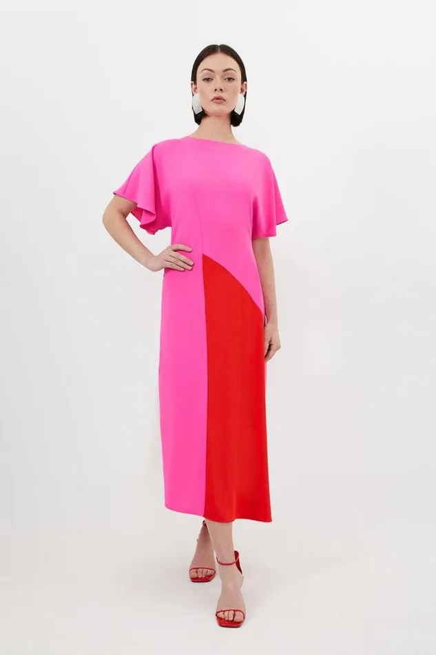 Dresses Women Karen Millen Soft Tailored Colour Block Panel Full Skirted Midi Dress Red