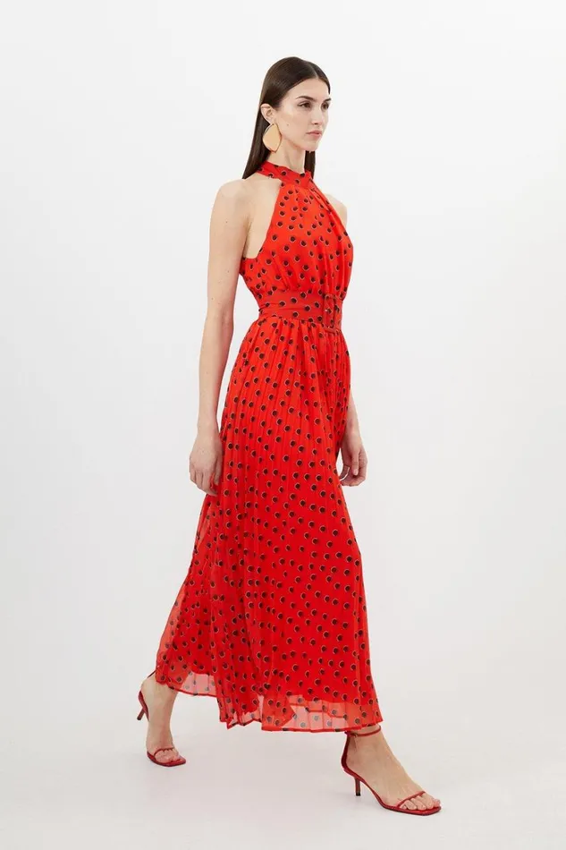 Dresses Women Karen Millen Spot Print Pleated Georgette Woven Halter Midi Dress Red Dresses Women Karen Millen Spot Print Pleated Georgette Woven Halter Midi Dress Red