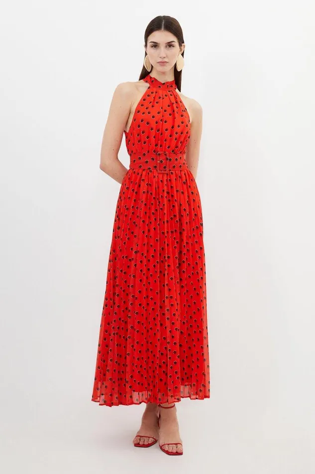 Dresses Women Karen Millen Spot Print Pleated Georgette Woven Halter Midi Dress Red