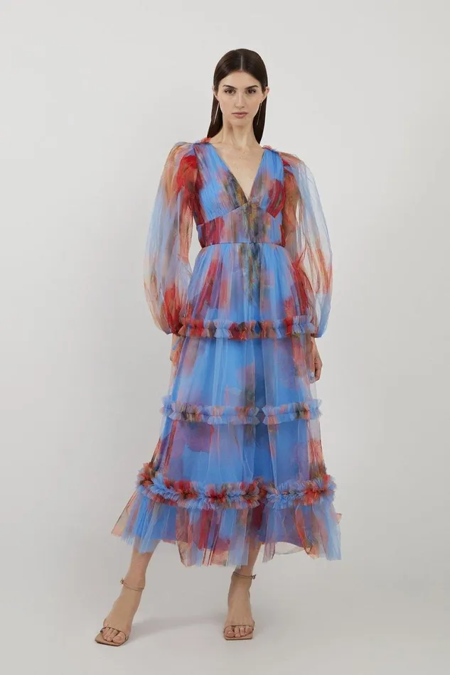 Dresses Women Karen Millen Spring Floral Tulle Plunge Maxi Dress Blue
