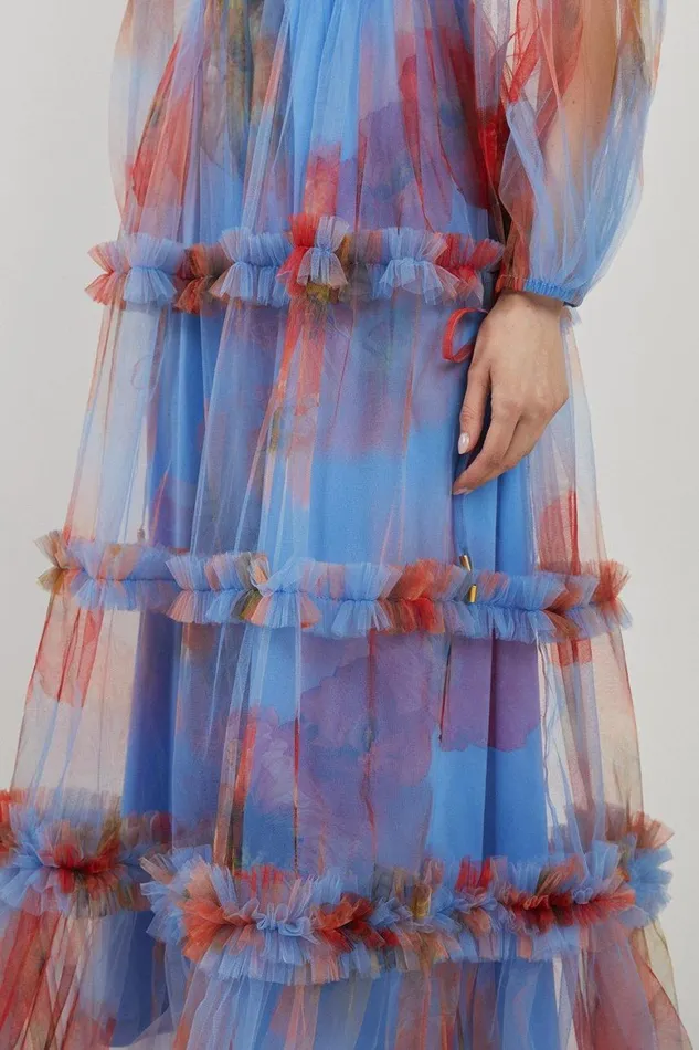 Dresses Women Karen Millen Spring Floral Tulle Plunge Maxi Dress Blue