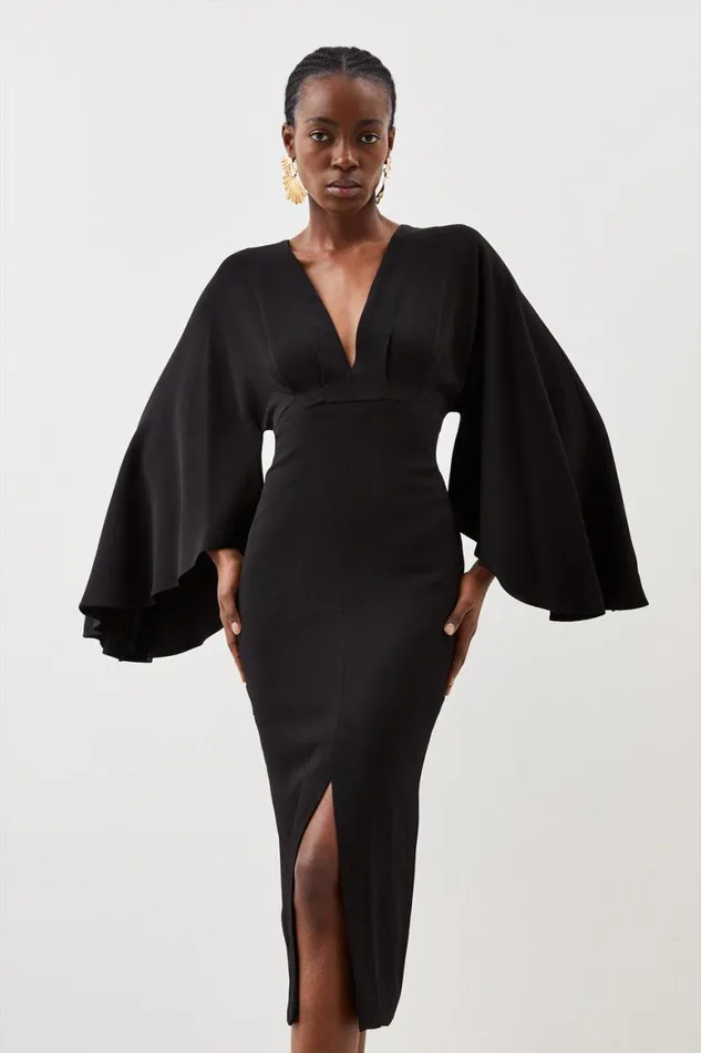 Dresses Women Karen Millen Tailored Compact Viscose Kimono Sleeve Plunge Neck Midi Dress Black Dresses Women Karen Millen Tailored Compact Viscose Kimono Sleeve Plunge Neck Midi Dress Black